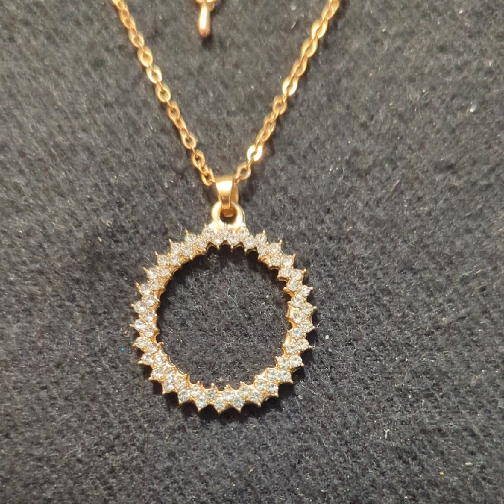 Gold Tone Clear CZ Round Open Circle Pendant Statement Necklace